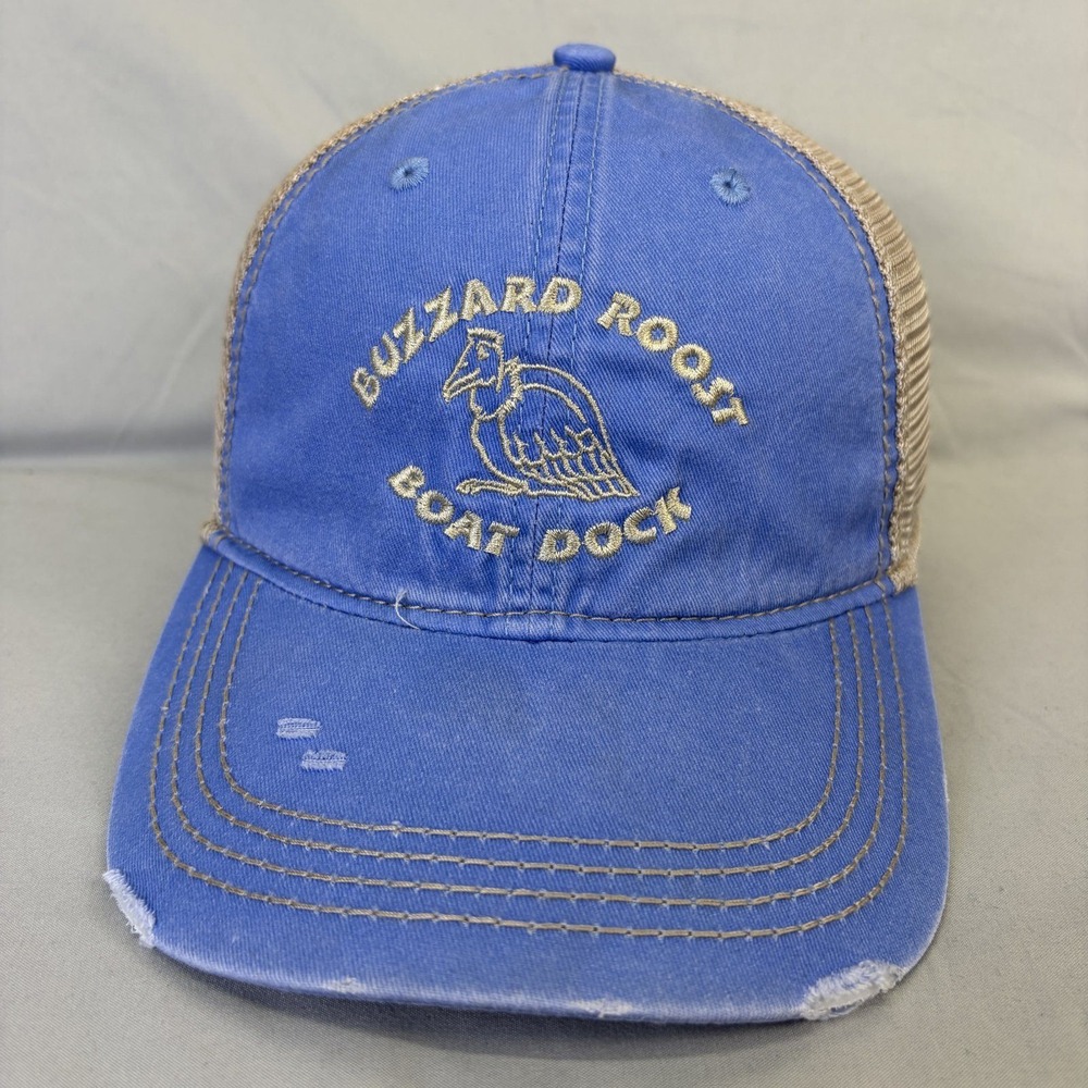 Outdoor Cap Trucker Hat Buzzard Roost Boat Dock Unisex OSFA Blue Distressed